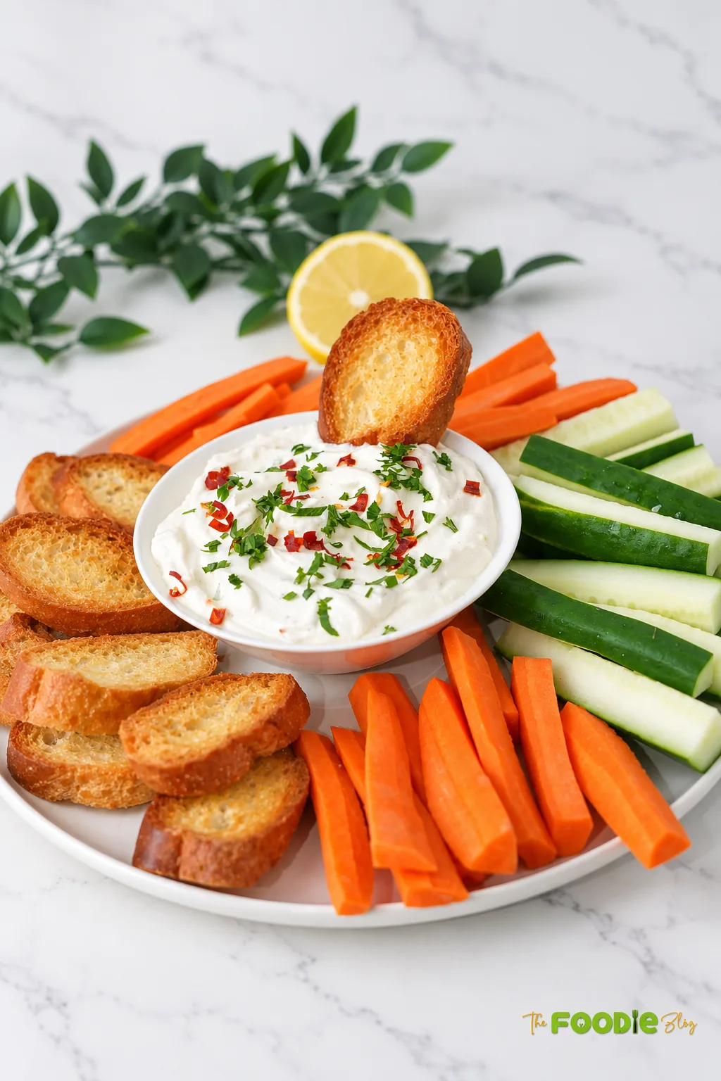 Easy feta cream cheese dip surrounded by toasted bread, carrots, and cucumber sticks.