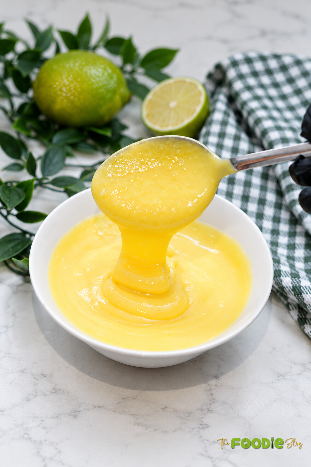 Creamy lime curd served in a white bowl with a spoon and fresh lime in the background.