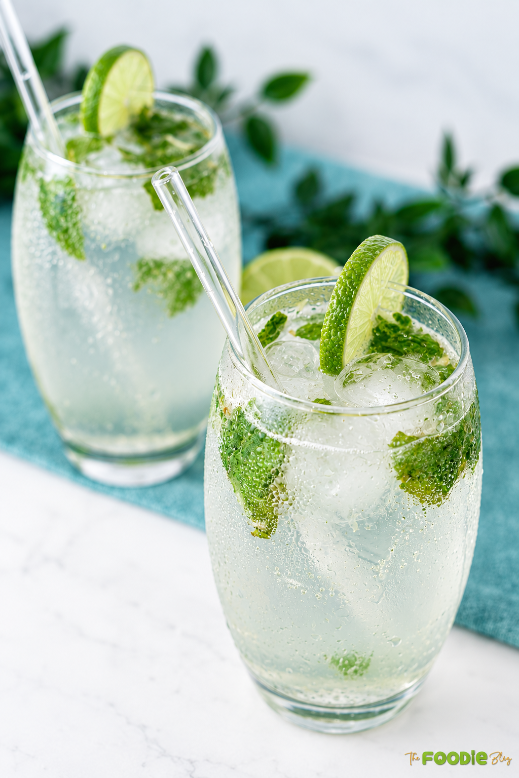 Close-up of two mojito cocktails with lime slices, fresh mint leaves, ice, and sparkling soda water.