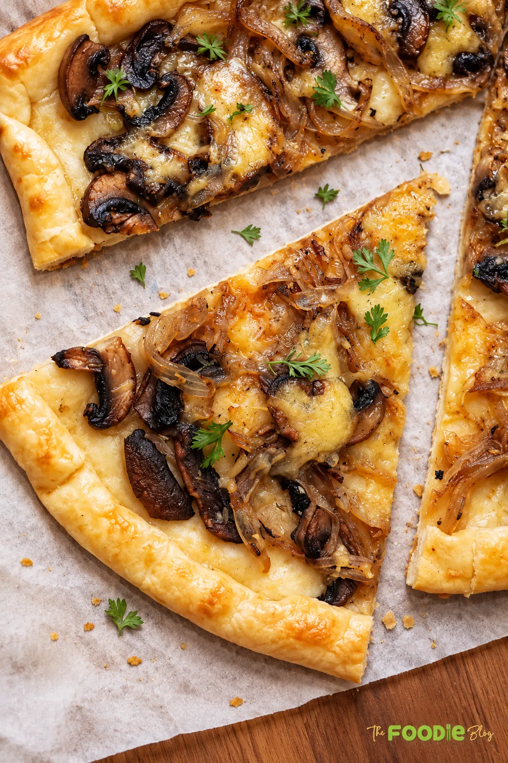 Close-up slice of mushroom puff pastry tart with caramelized onions, Gruyere cheese, and fresh herbs.