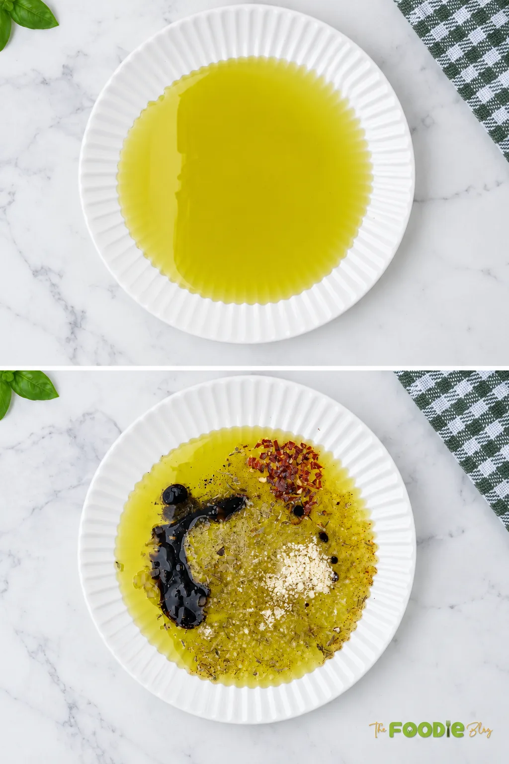 Step-by-step photos showing olive oil combined with balsamic vinegar, garlic, herbs, and spices for bread dipping.