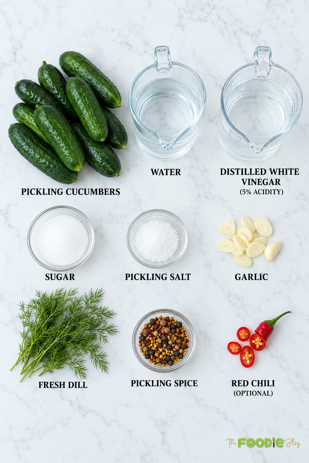 Ingredients for refrigerator dill pickles including pickling cucumbers, water, white vinegar, sugar, pickling salt, garlic, dill, pickling spice, and red chili.