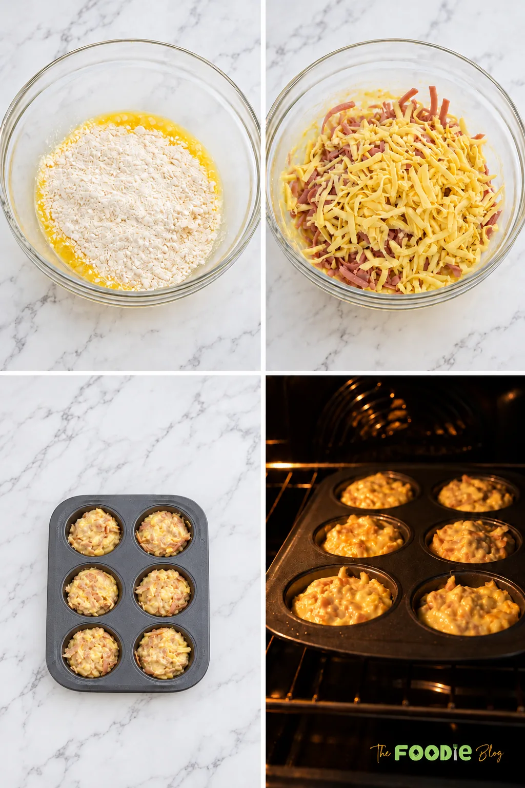 Step-by-step photos showing sausage breakfast muffin batter mixed with cheese, portioned into a muffin pan, and baked.