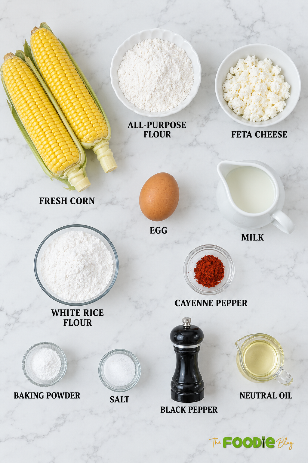 Ingredients for sweet corn fritters including fresh corn, feta cheese, flour, rice flour, egg, milk, baking powder, cayenne, salt, pepper, and oil.