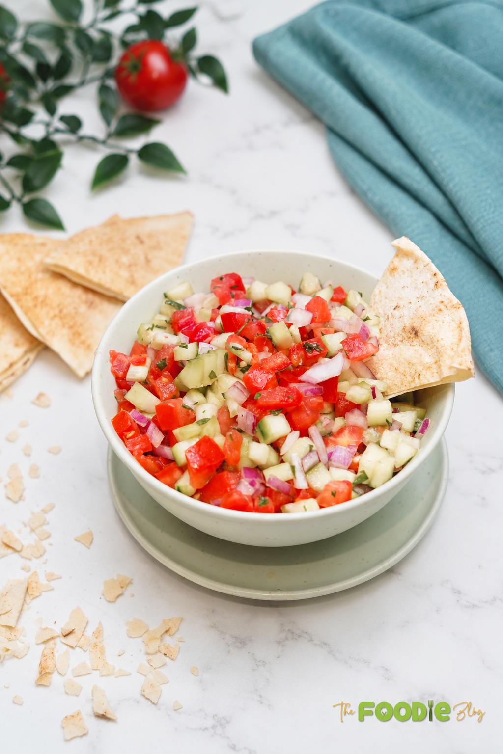 Tomato cucumber salad served in a bowl with pita bread, fresh herbs, and lemon dressing.