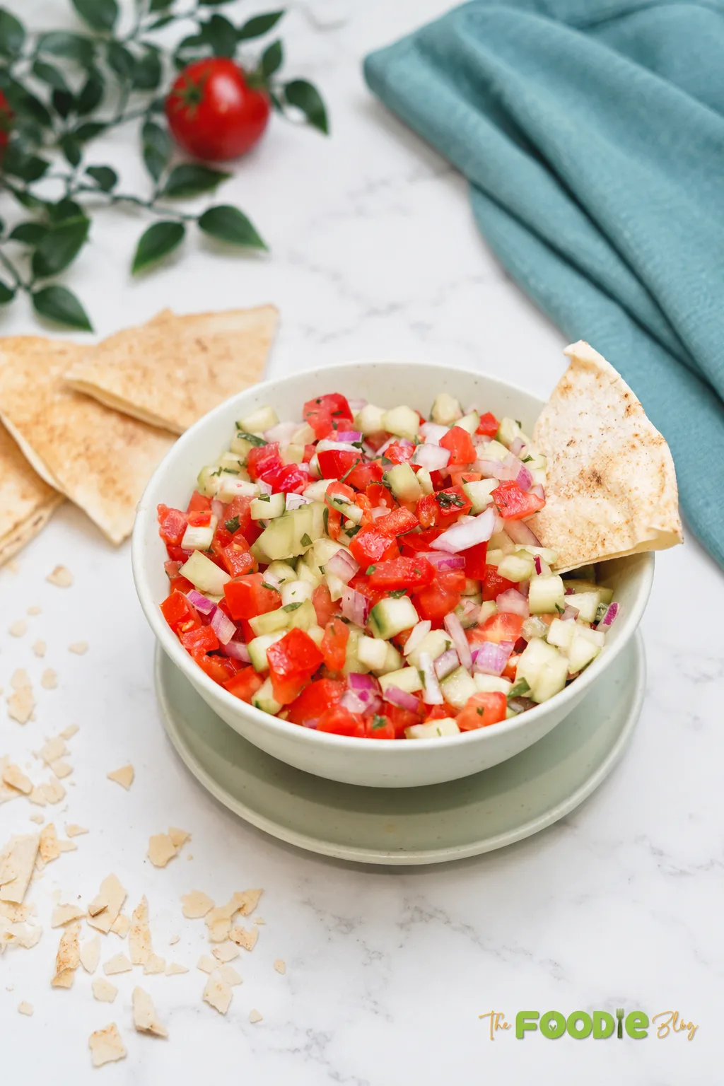 Tomato cucumber salad served in a bowl with pita bread, fresh herbs, and lemon dressing.