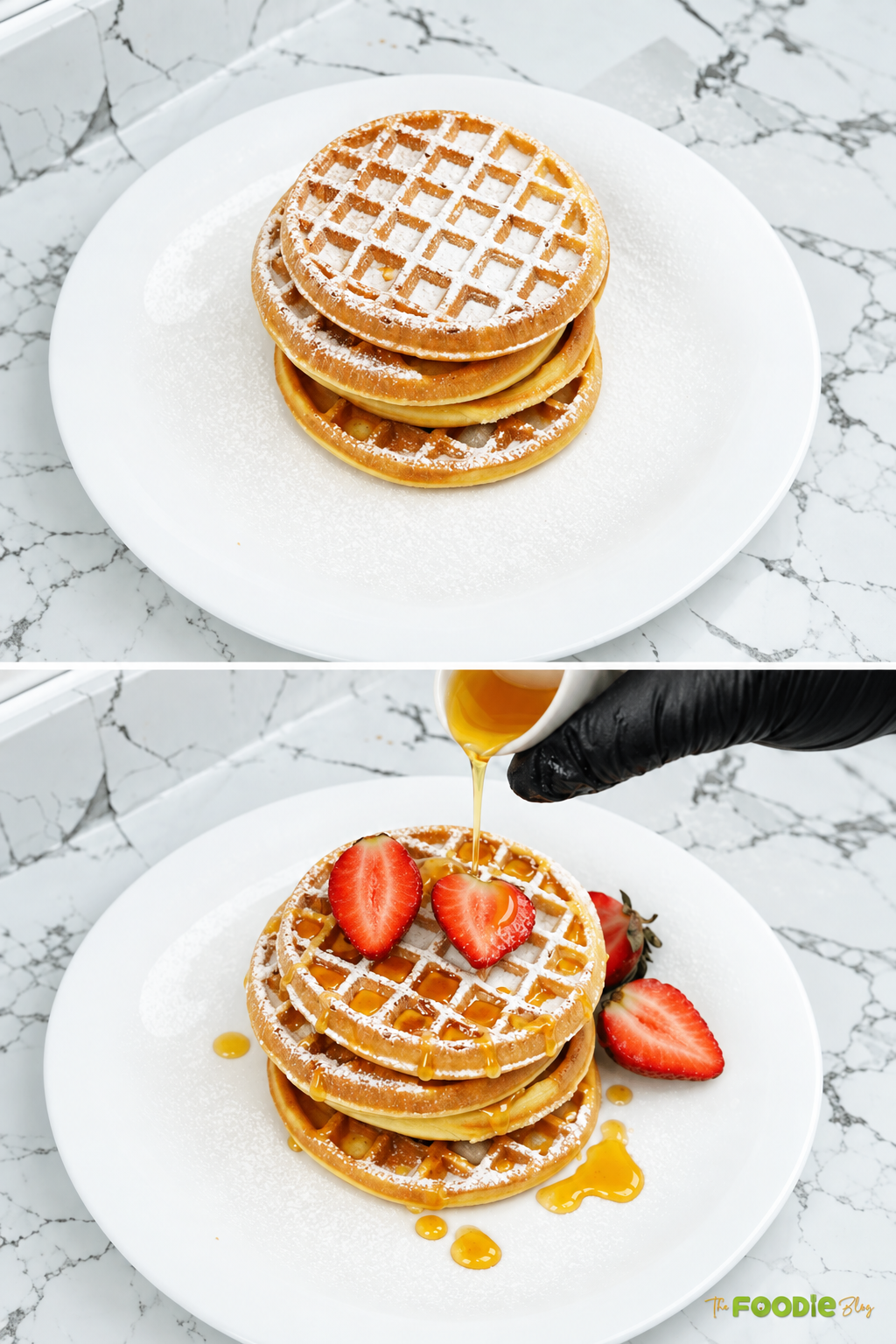 Homemade waffles shown plain and topped with strawberries, powdered sugar, and maple syrup