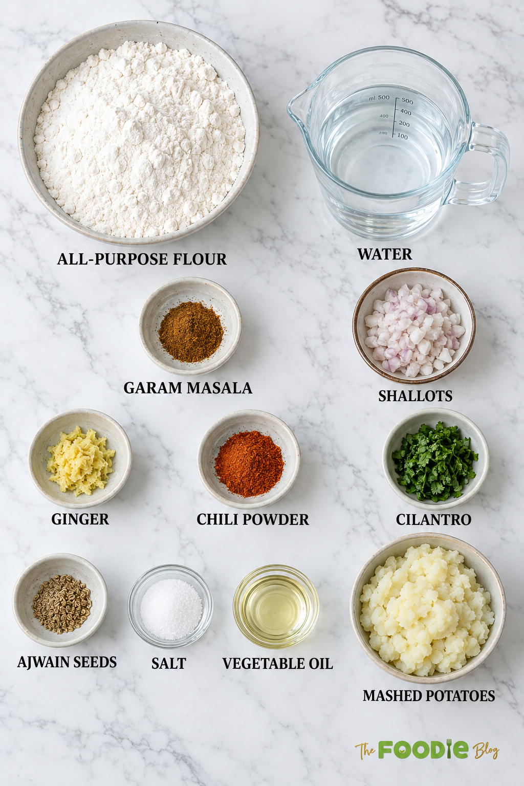 Labeled aloo paratha ingredients including all-purpose flour, water, mashed potatoes, shallots, ginger, cilantro, garam masala, and spices.