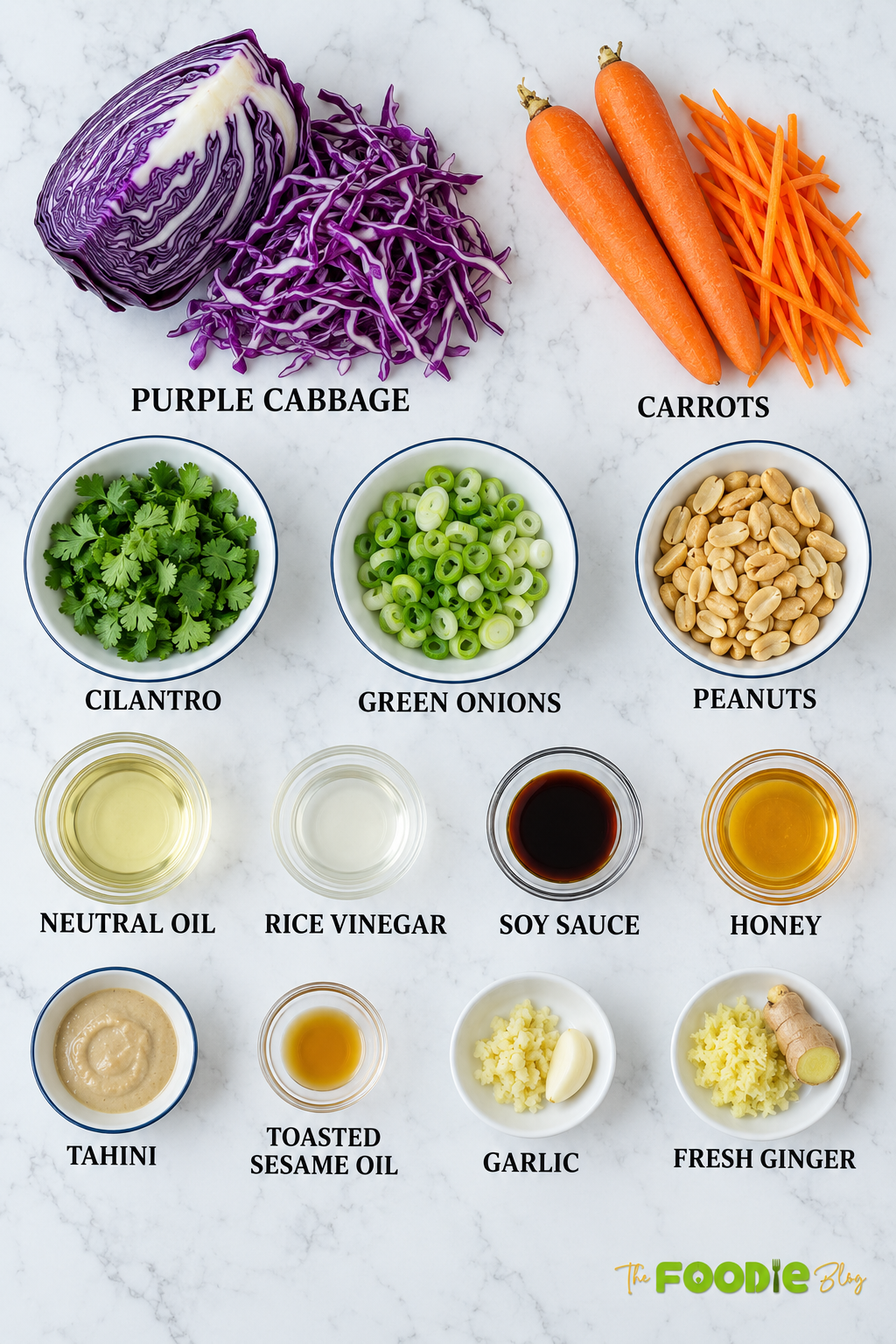 Ingredients for Asian slaw including purple cabbage, carrots, peanuts, cilantro, green onions, tahini, soy sauce, rice vinegar, honey, garlic, and ginger.