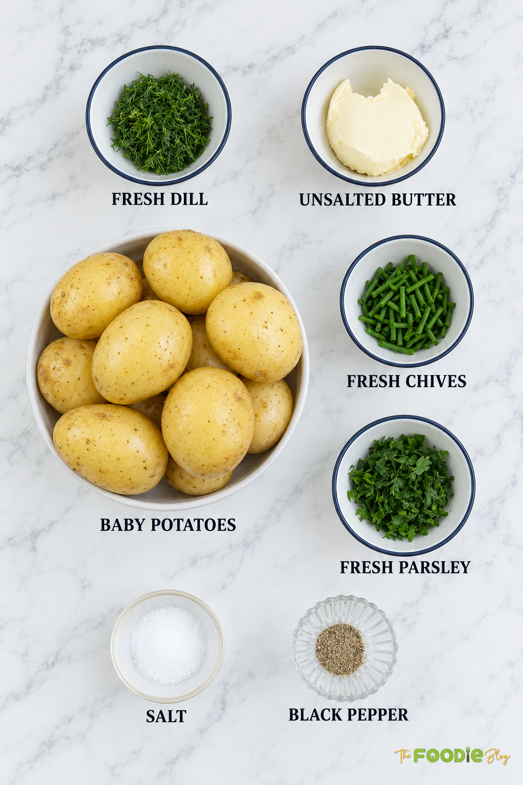 Ingredients for baby potatoes recipe including baby potatoes, butter, fresh dill, chives, parsley, salt, and black pepper.