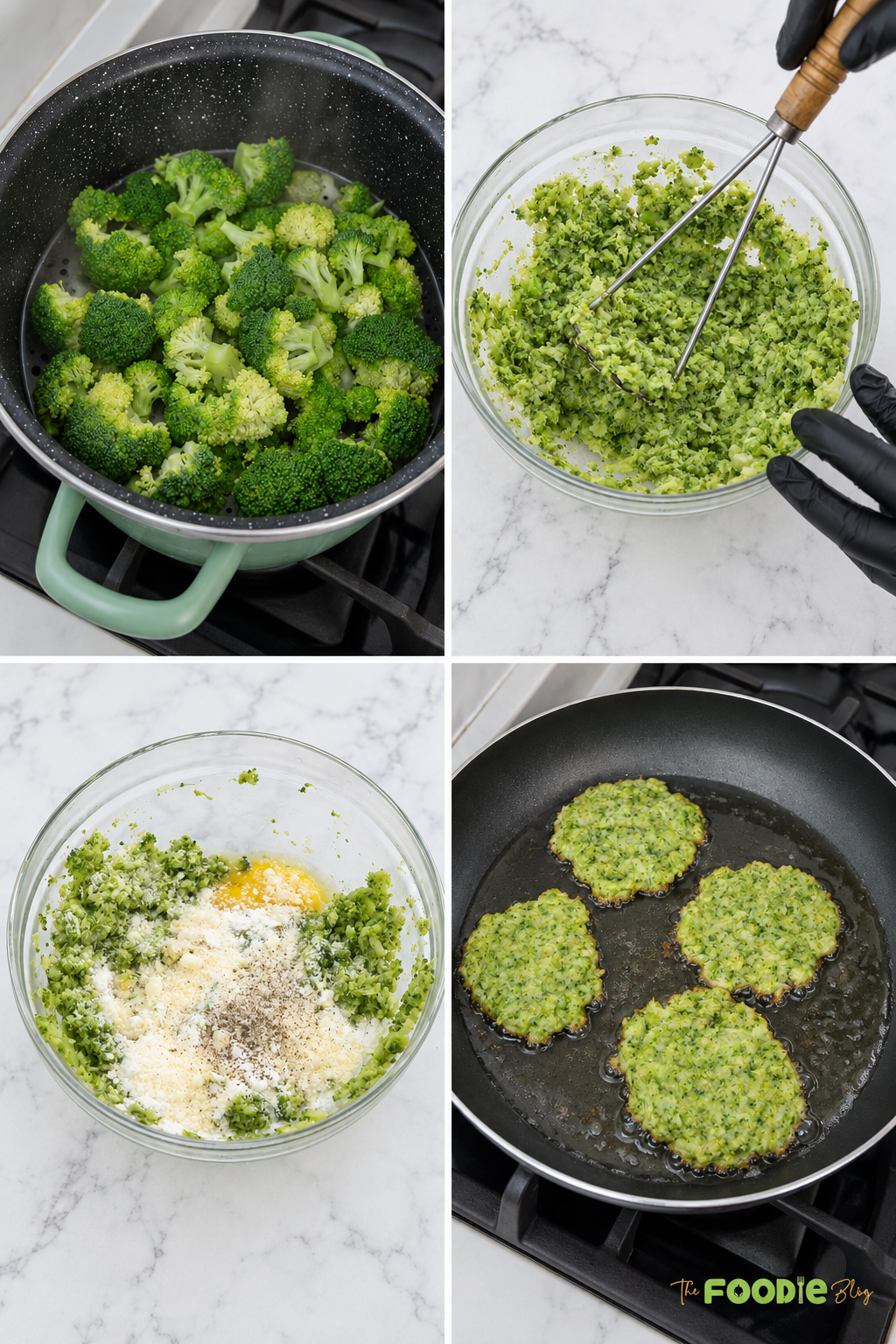 Step-by-step process for making broccoli fritters from steamed broccoli to frying.
