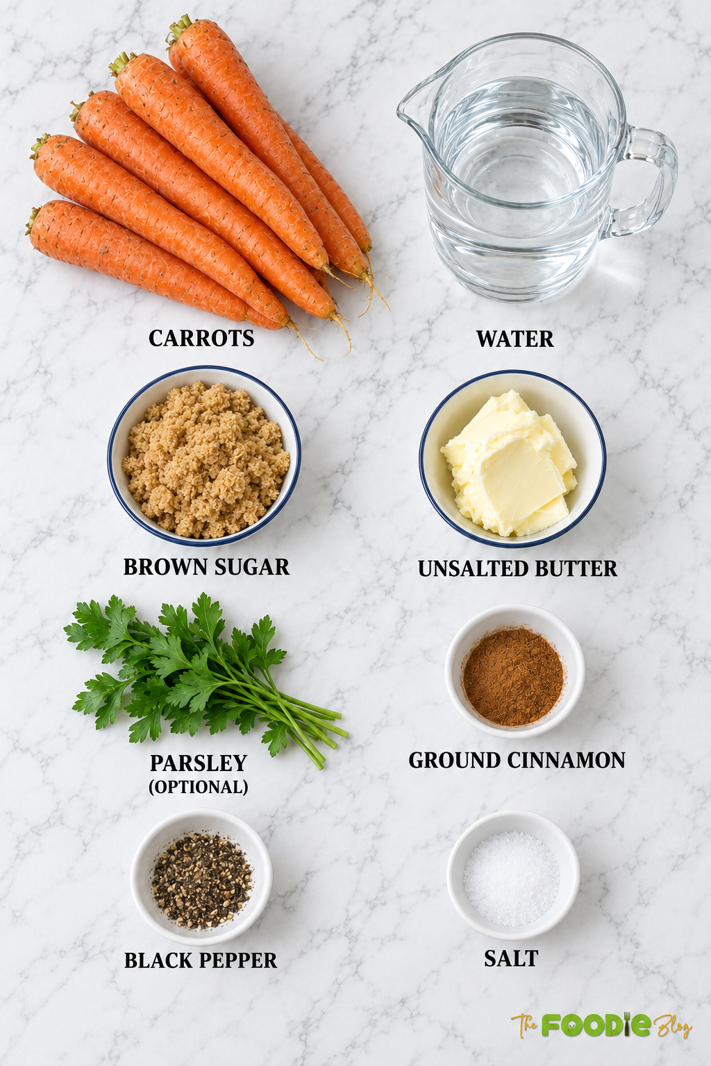 Candied carrots ingredients including fresh carrots, brown sugar, butter, cinnamon, salt, black pepper, water, and parsley.