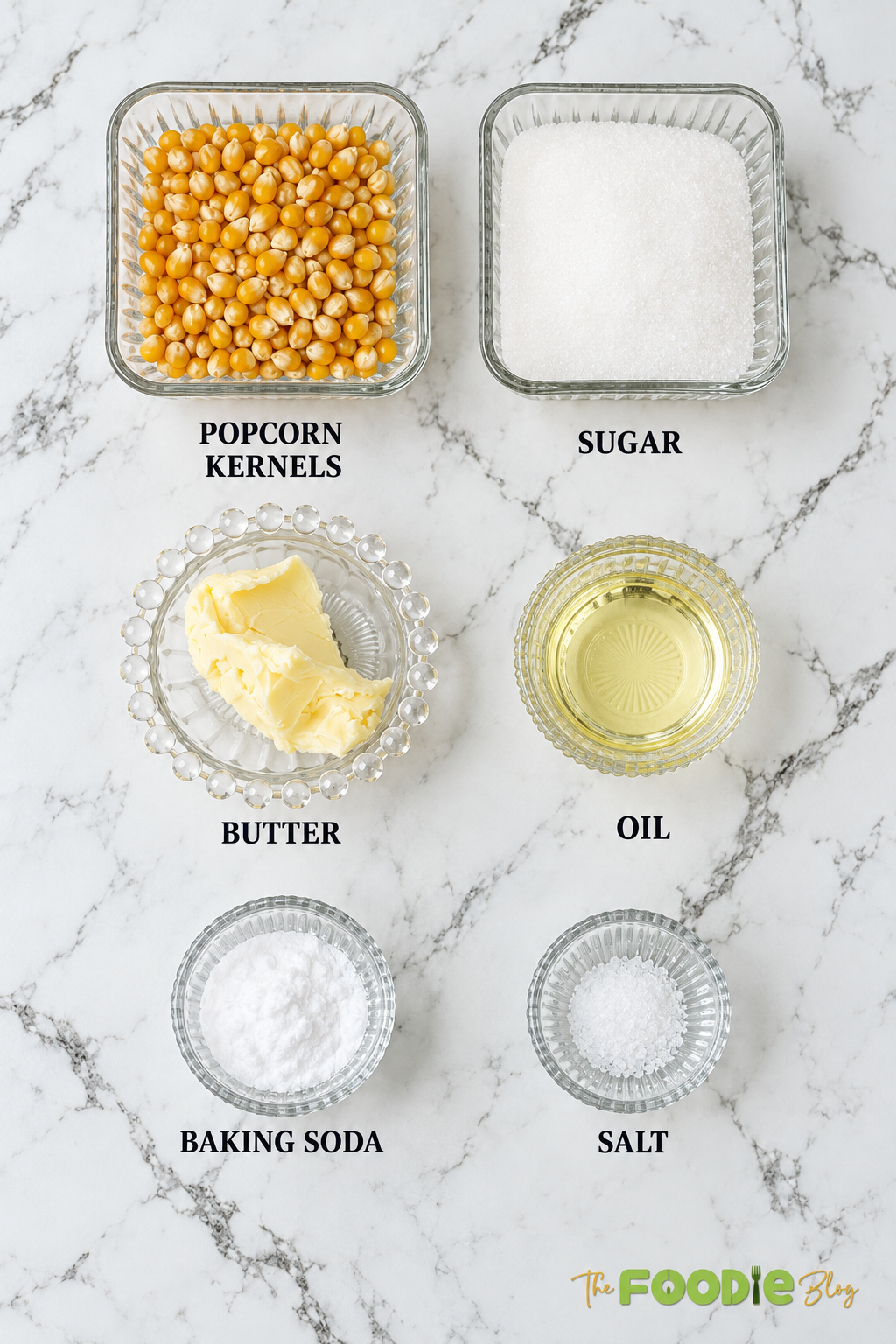 Ingredients for caramel popcorn including popcorn kernels, sugar, butter, oil, baking soda, and salt.