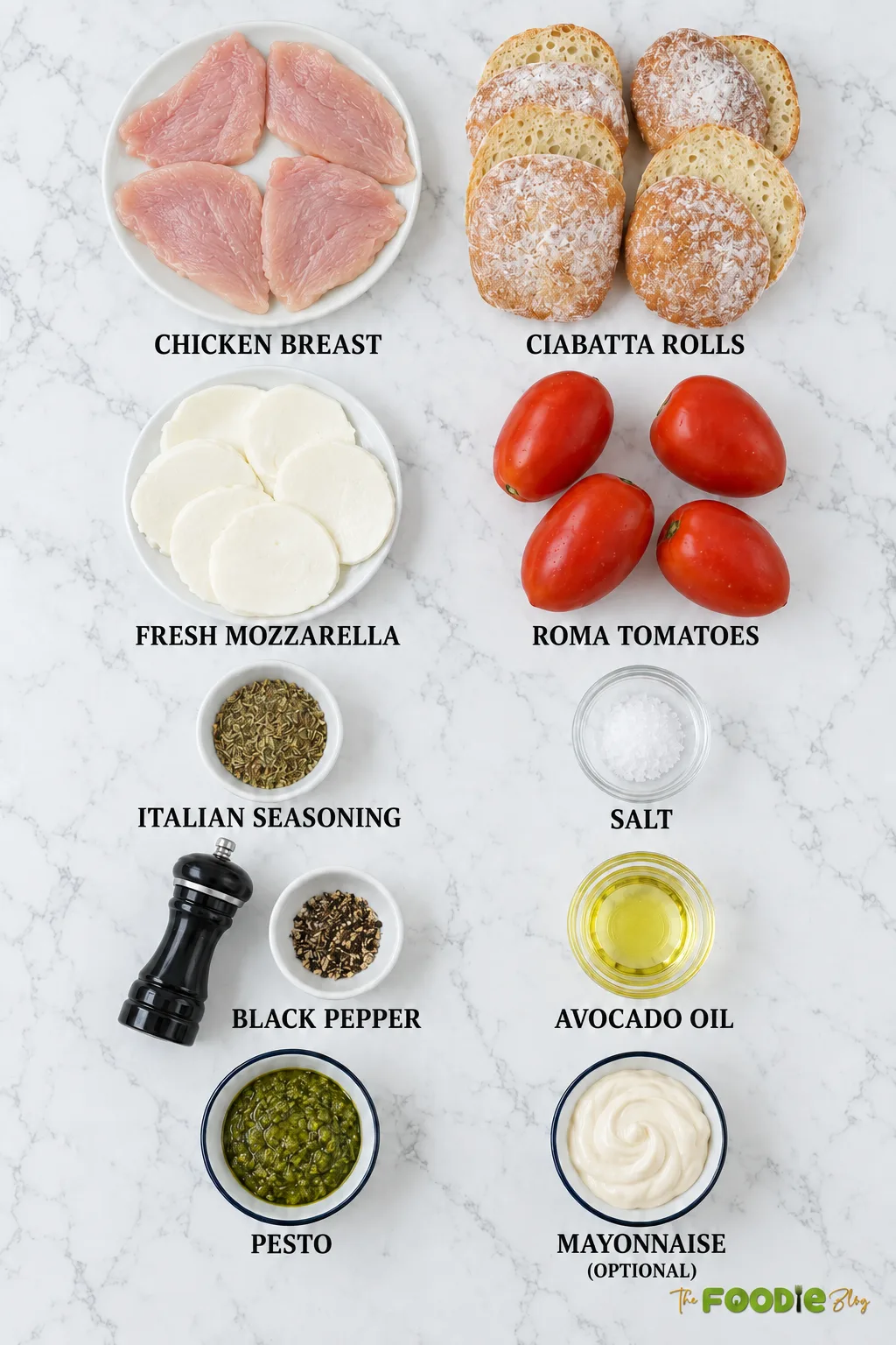 Chicken pesto sandwich ingredients with chicken breast, ciabatta, mozzarella, tomatoes, and pesto