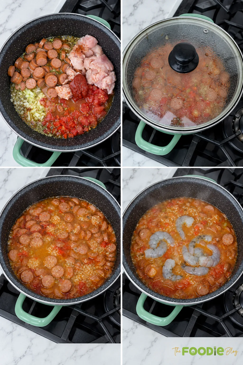 Step-by-step photos showing chicken, sausage, tomatoes, rice, and shrimp cooking together for jambalaya.