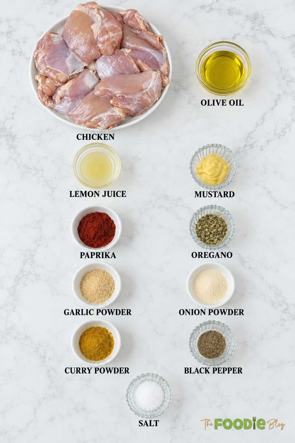 Ingredients for chicken skewers including chicken, olive oil, lemon juice, mustard, paprika, oregano, garlic powder, onion powder, curry powder, black pepper, and salt.