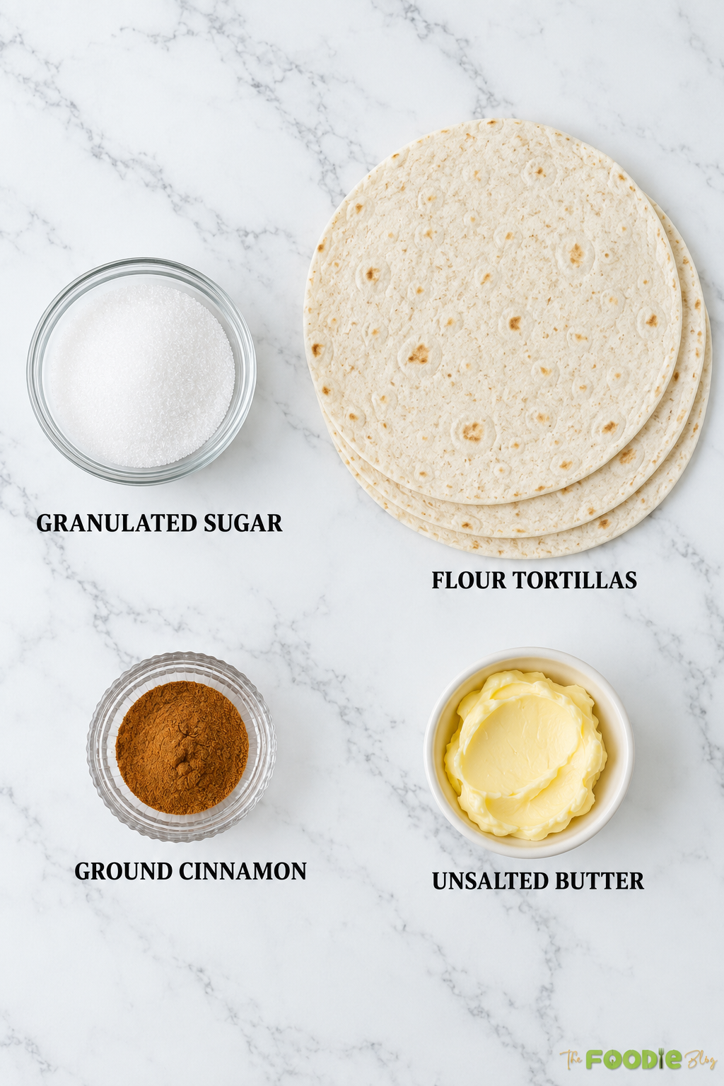Flour tortillas, granulated sugar, ground cinnamon, and unsalted butter for cinnamon sugar tortilla chips.