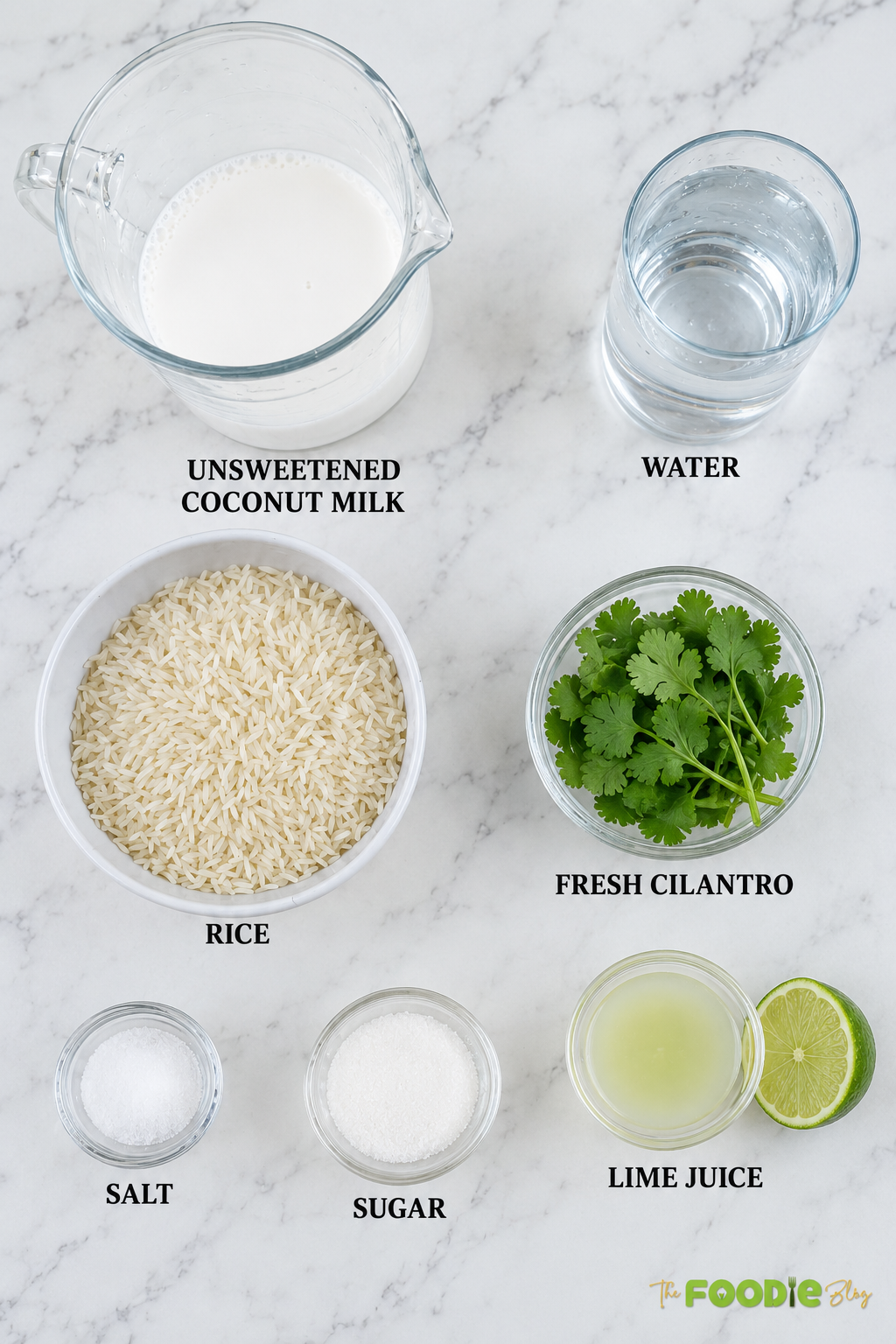 Ingredients for coconut lime rice including rice, coconut milk, water, cilantro, lime juice, sugar, and salt.
