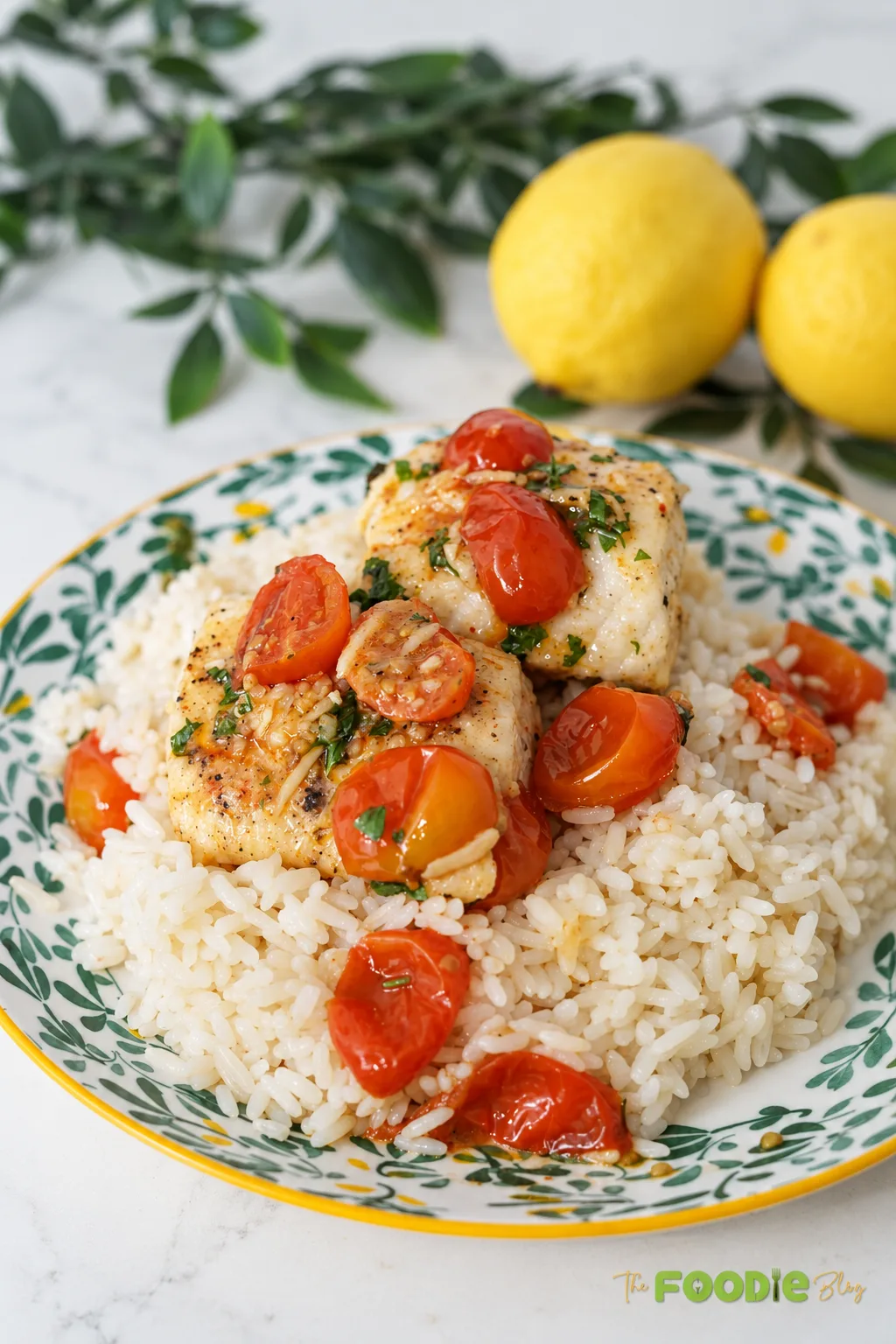 Cod fillets with cherry tomato basil sauce served over white rice on a plate.