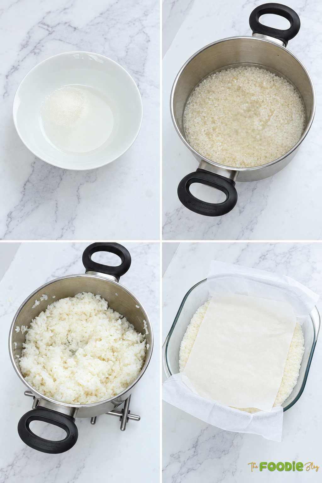 Sushi rice being cooked, seasoned with rice vinegar mixture, and pressed into a lined dish.