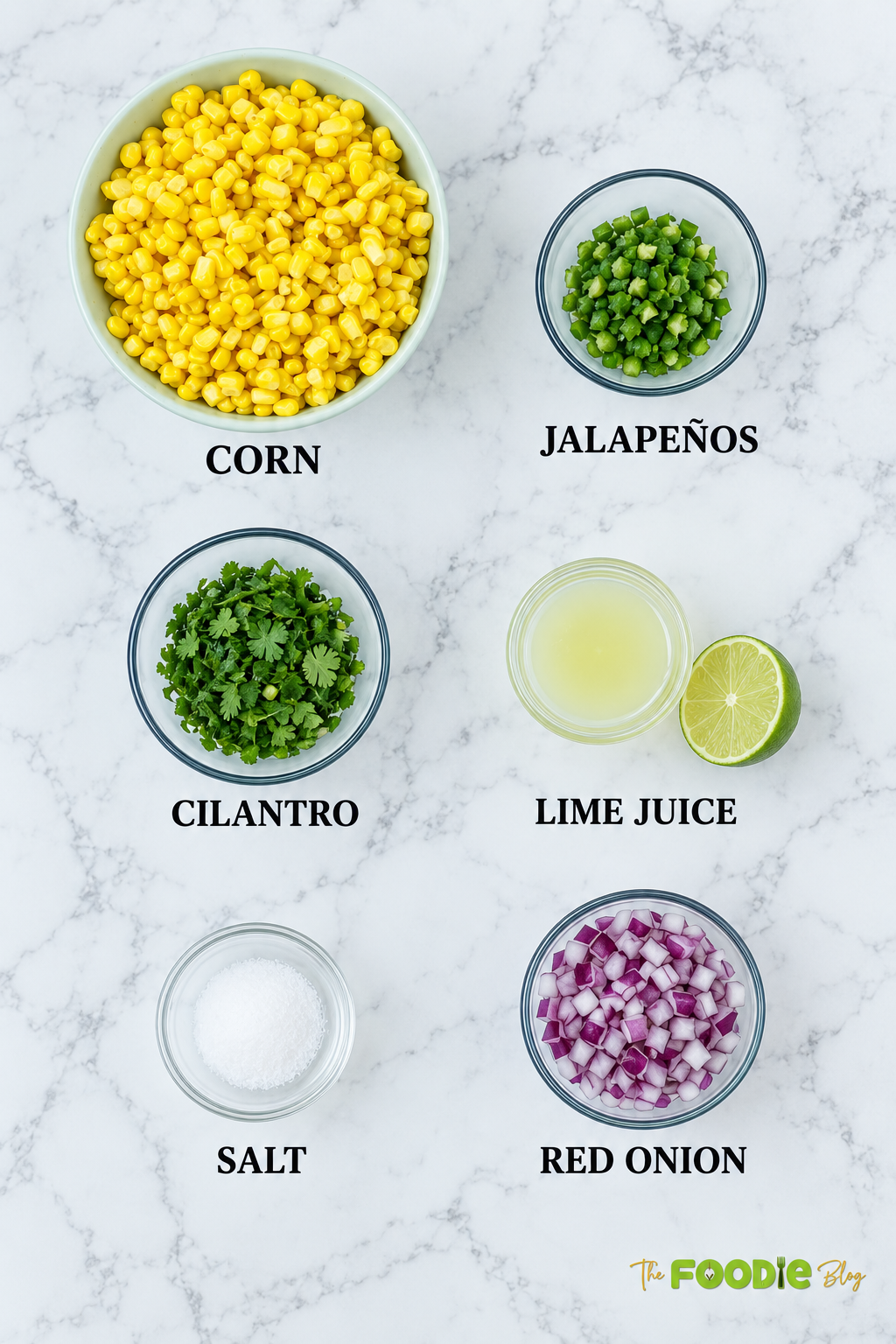 Corn salsa ingredients including corn, jalapeños, cilantro, lime juice, red onion, and salt.