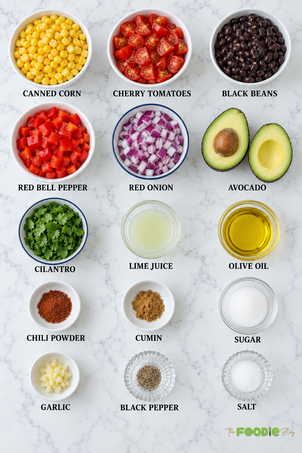 Ingredients for cowboy caviar including corn, black beans, tomatoes, avocado, bell pepper, onion, cilantro, lime, and spices.