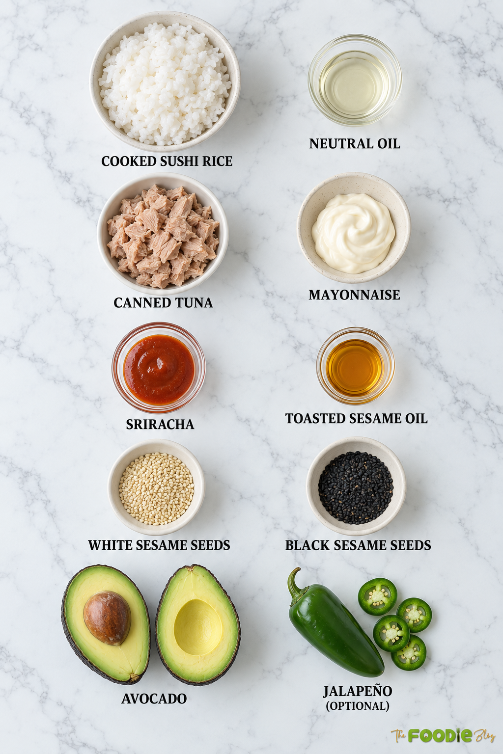 Ingredients for crispy rice with spicy tuna including sushi rice, tuna, mayonnaise, sriracha, avocado, sesame oil, sesame seeds, and jalapeño.