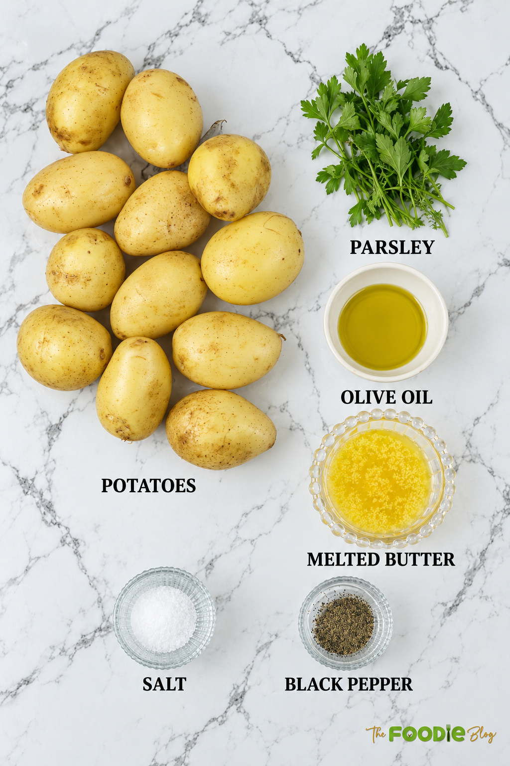 Ingredients for crispy smashed potatoes including potatoes, parsley, olive oil, melted butter, salt, and black pepper.