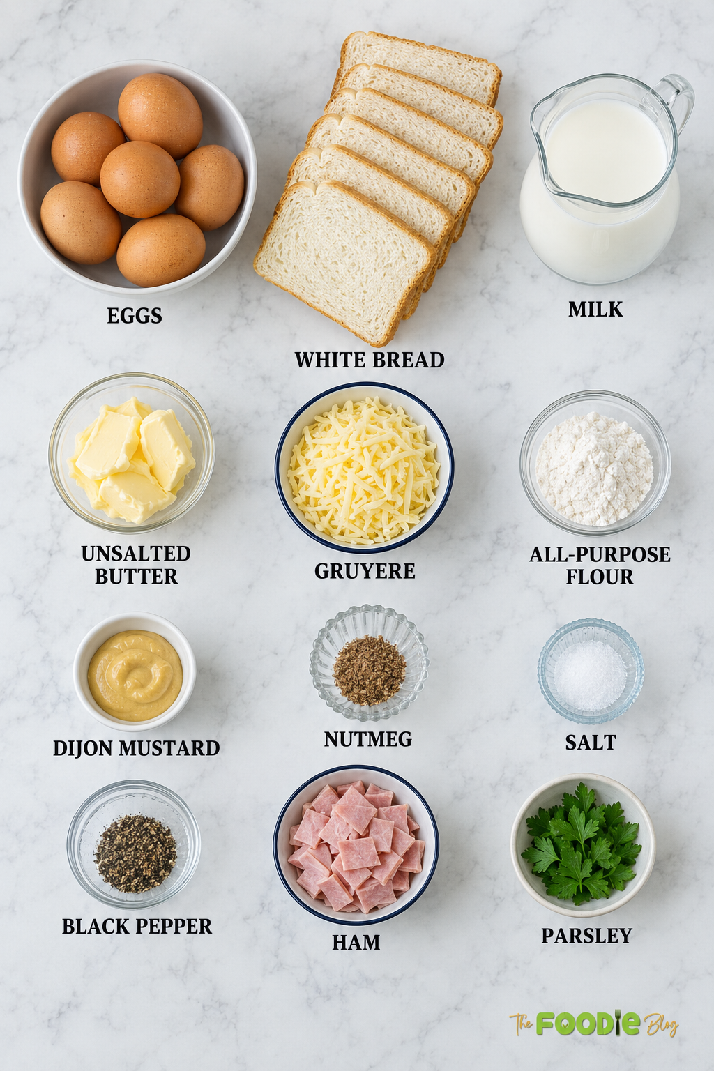 Croque Madame ingredients including eggs, white bread, milk, butter, Gruyere, flour, Dijon mustard, ham, nutmeg, and parsley.