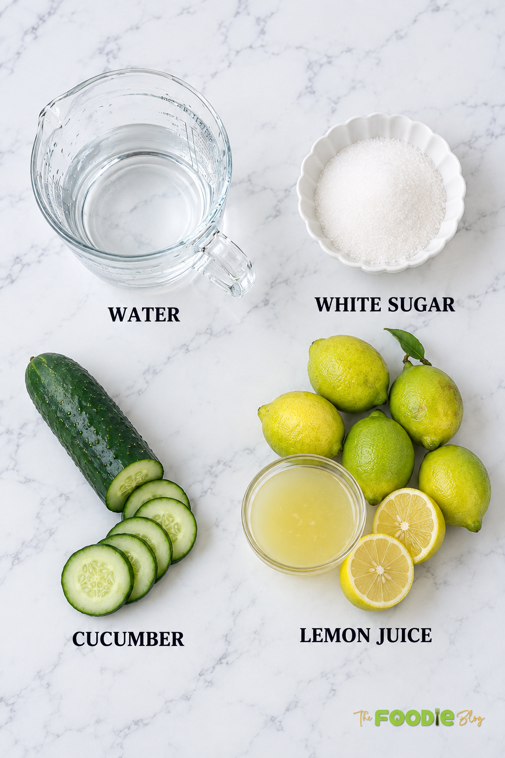 Cucumber lemonade ingredients including cucumber, lemon juice, white sugar, and water.