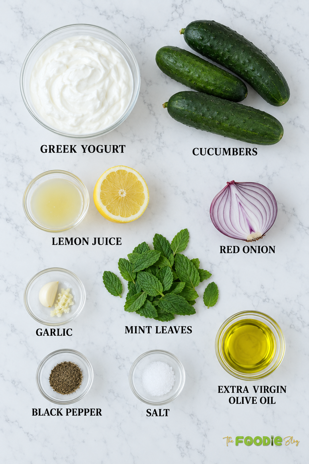 Ingredients for cucumber salad with Greek yogurt including cucumbers, yogurt, lemon, red onion, mint, garlic, olive oil, salt, and pepper.