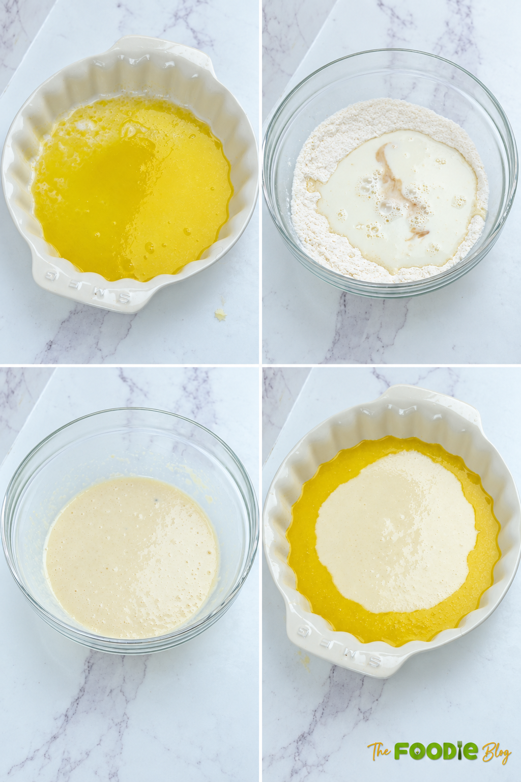 Step-by-step process for making the batter for an easy canned peach cobbler recipe.