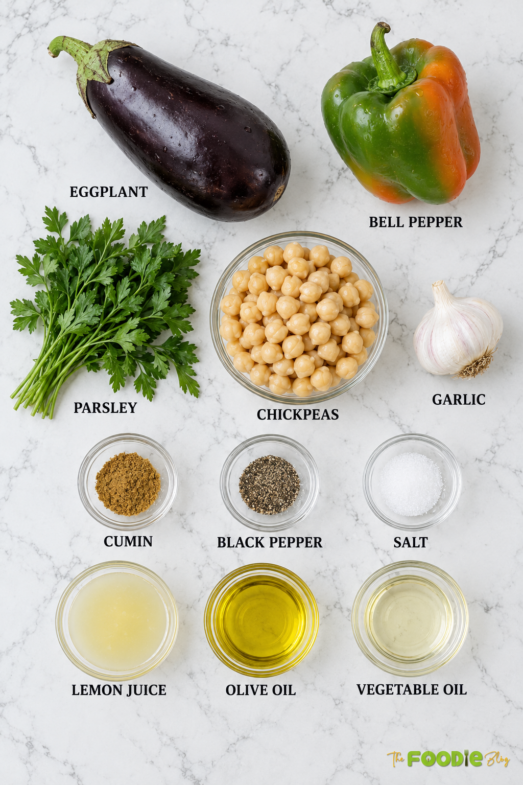 Ingredients for eggplant chickpea salad including eggplant, chickpeas, bell pepper, parsley, garlic, lemon juice, and olive oil.