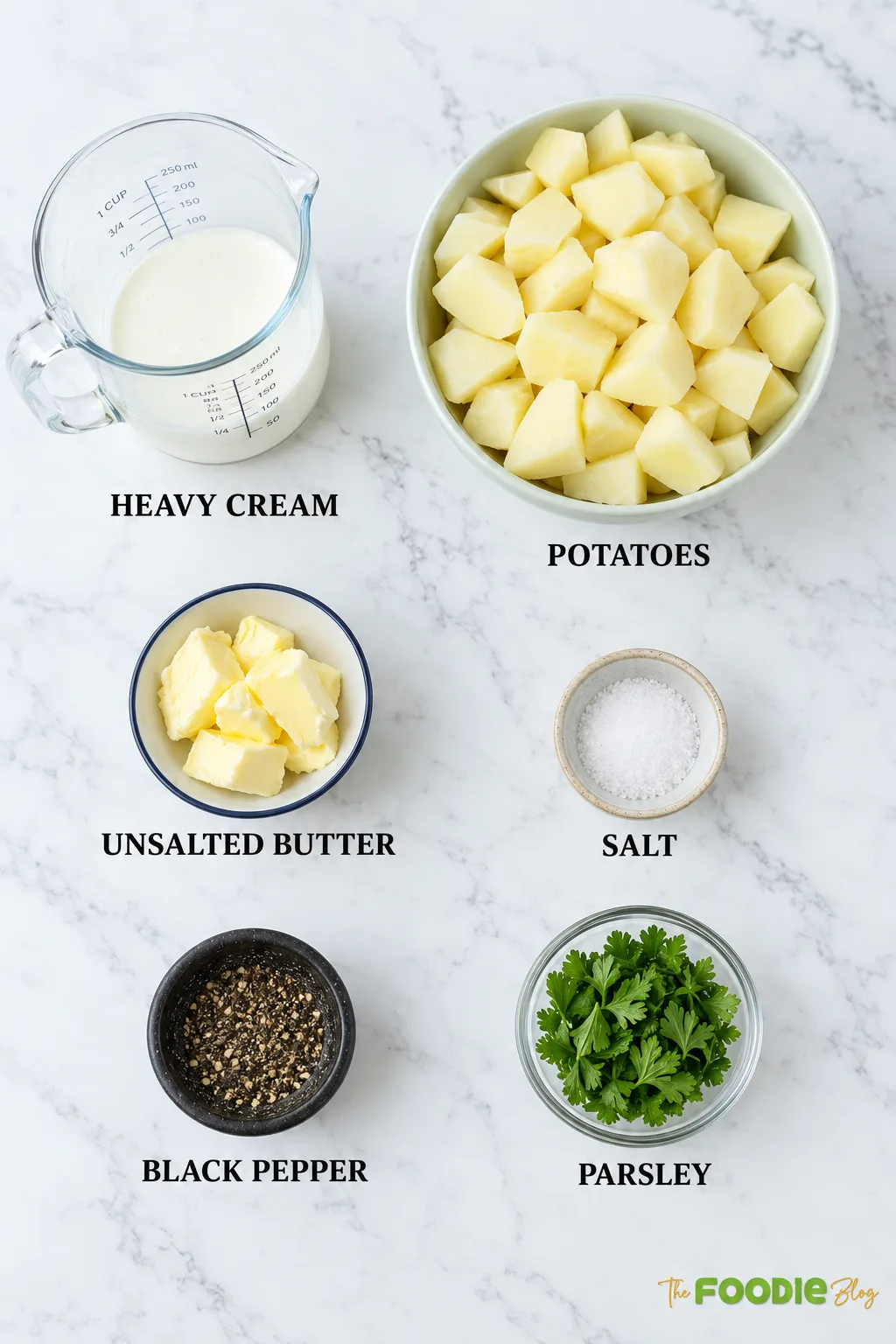 Ingredients for easy mashed potatoes including potatoes, heavy cream, butter, salt, black pepper, and parsley.