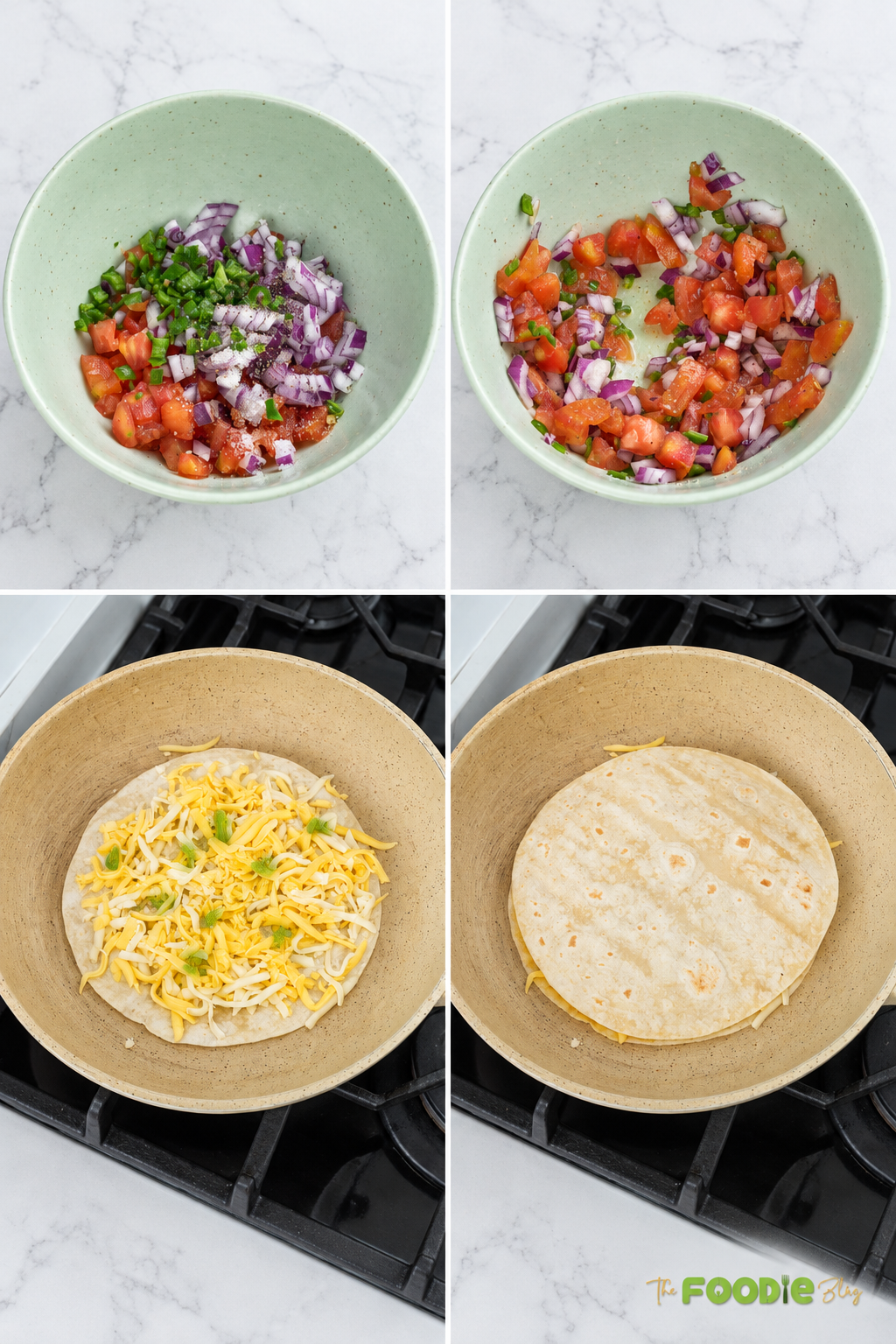 Step-by-step photos showing fresh tomato salsa being mixed and cheese layered between flour tortillas.
