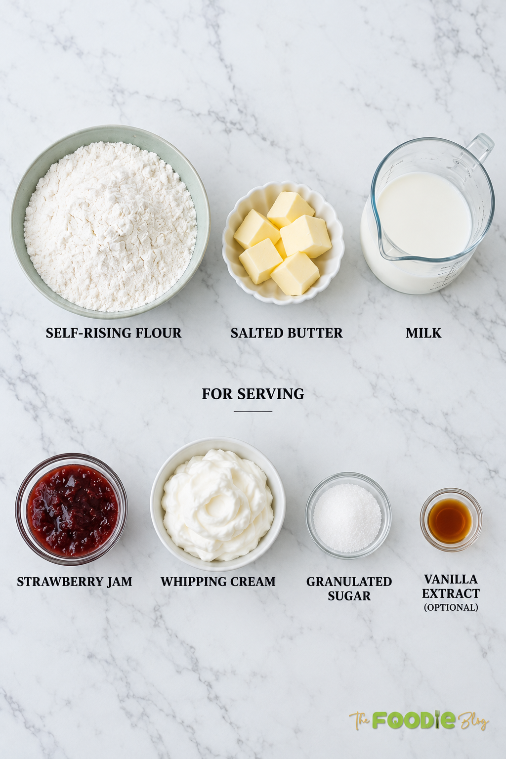 English scones ingredients including self-rising flour, salted butter, milk, strawberry jam, whipping cream, sugar, and vanilla.