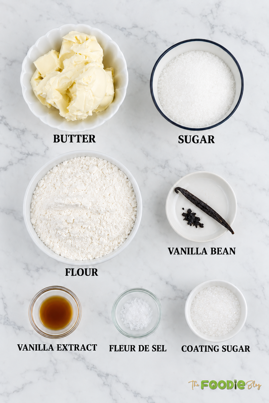 Ingredients for French sablé cookies including butter, sugar, flour, vanilla bean, vanilla extract, fleur de sel, and coating sugar.
