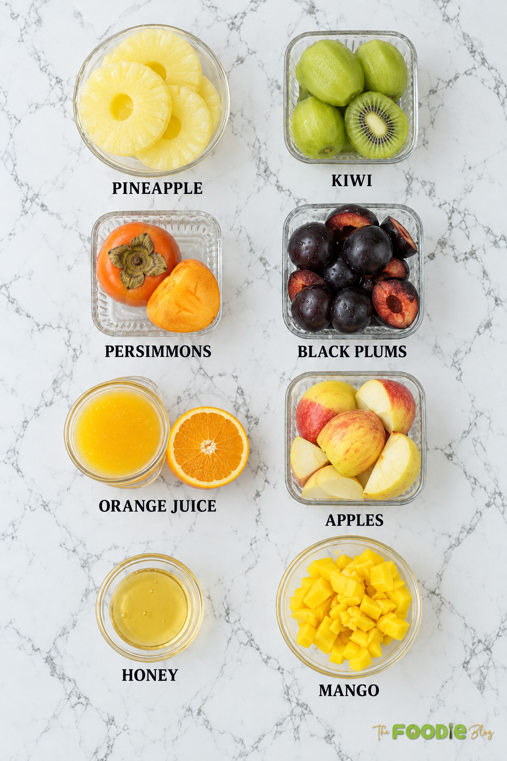 Fresh fruit salad ingredients including pineapple, kiwi, persimmons, black plums, apples, mango, orange juice, and honey.