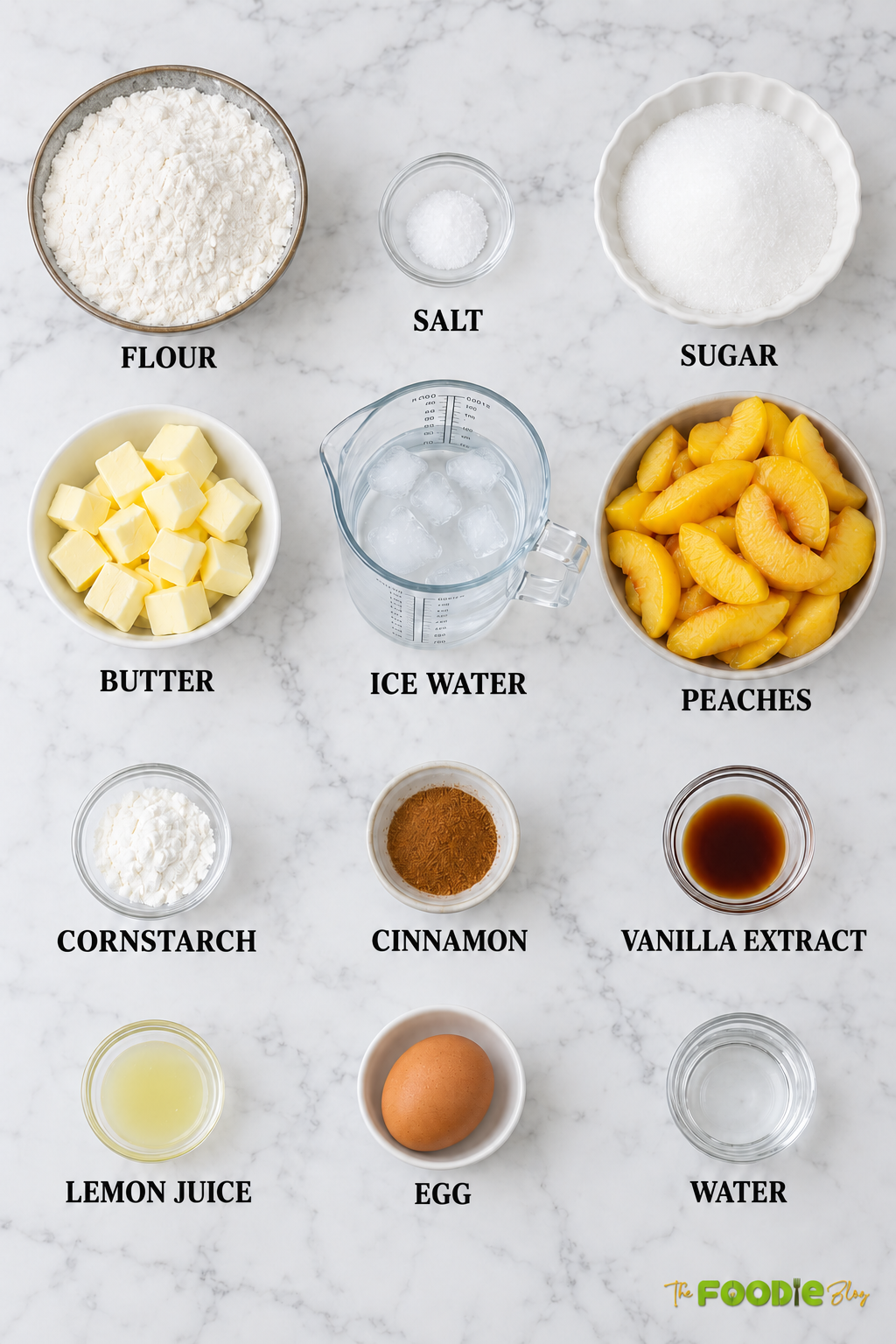 Ingredients for fresh peach pie including peaches, flour, butter, sugar, cornstarch, cinnamon, vanilla, lemon juice, egg, and ice water.