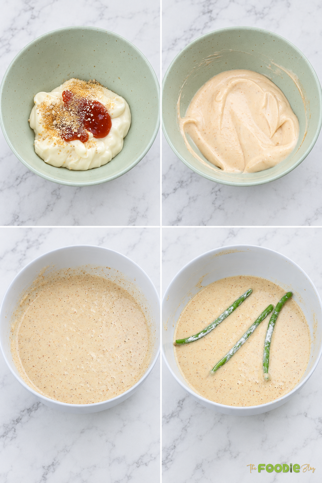 Step-by-step process for making fried green beans and creamy dipping sauce.