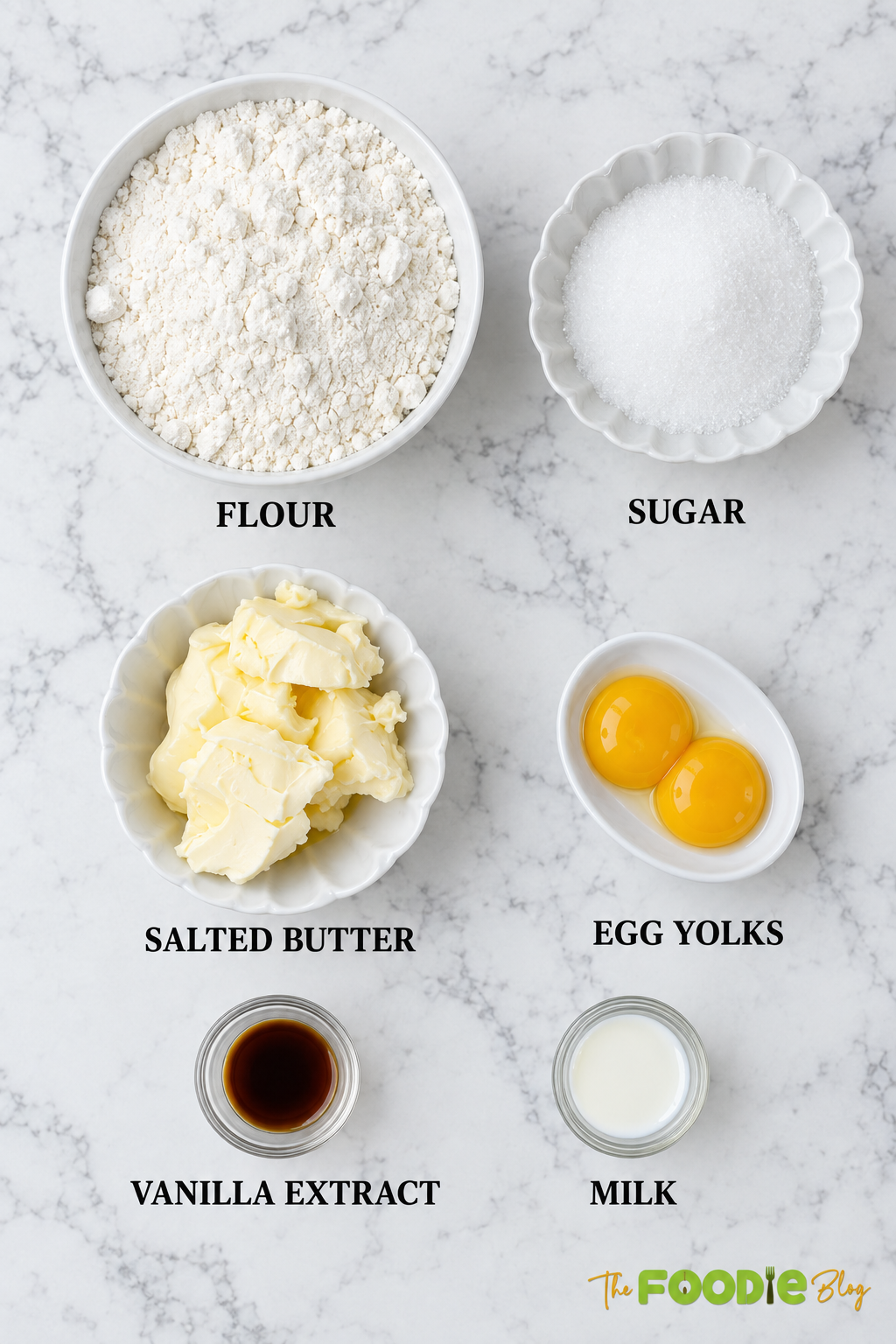 Ingredients for Galettes Bretonnes including flour, sugar, salted butter, egg yolks, vanilla extract, and milk.