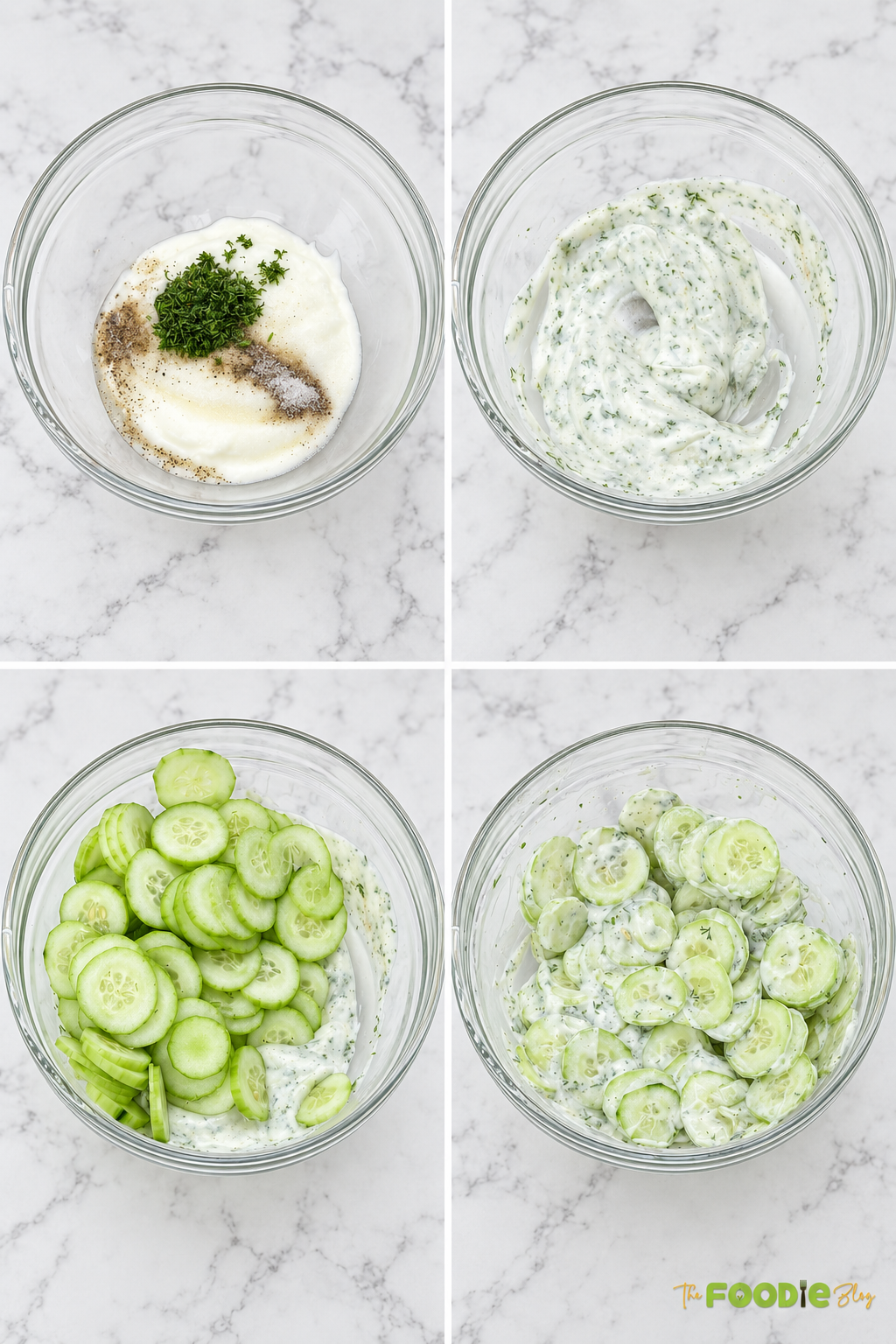 Step-by-step photos showing sour cream dill dressing mixed and combined with sliced cucumbers for German cucumber salad.