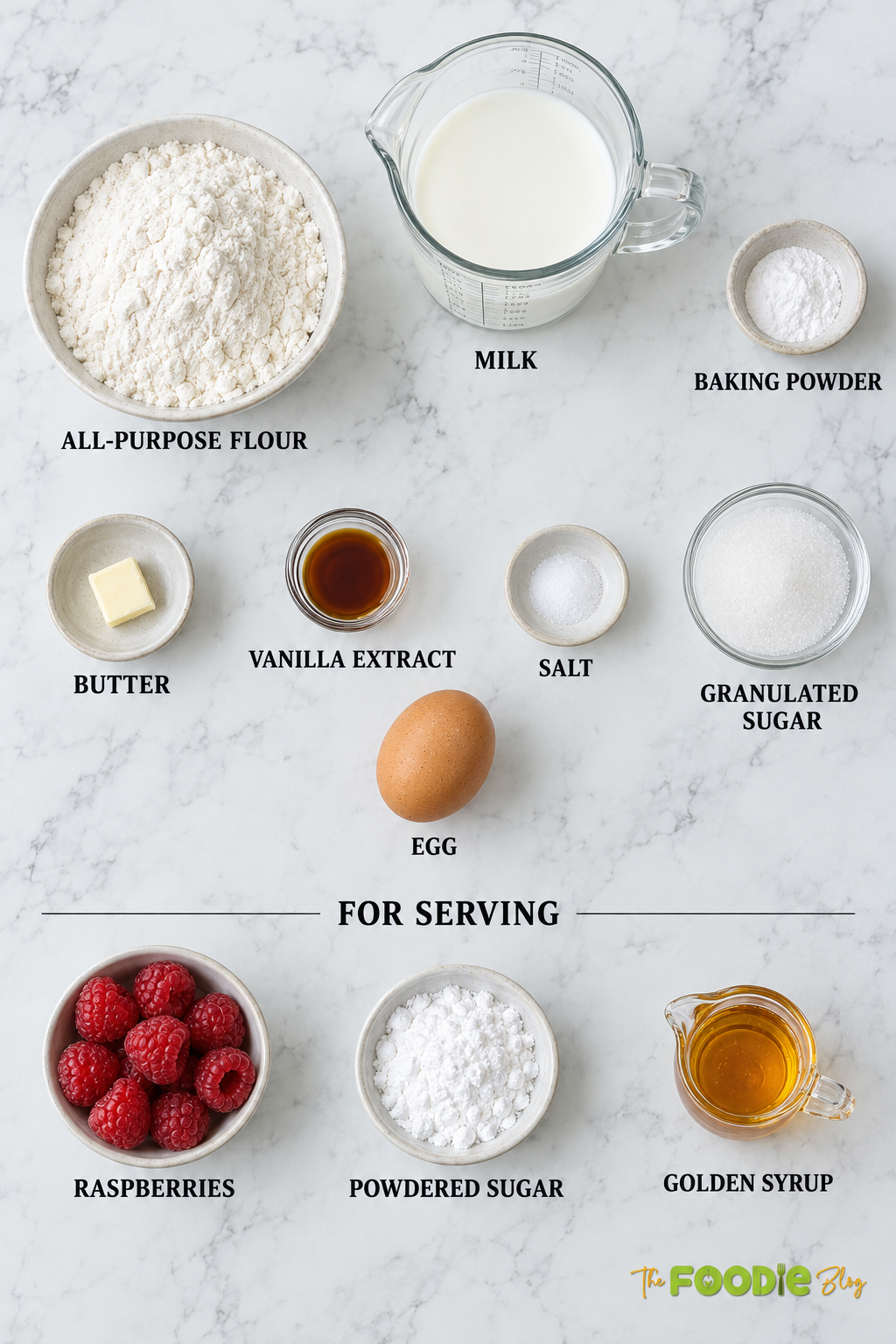Giant pancake ingredients including flour, milk, baking powder, butter, vanilla, sugar, salt, egg, raspberries, powdered sugar, and golden syrup.