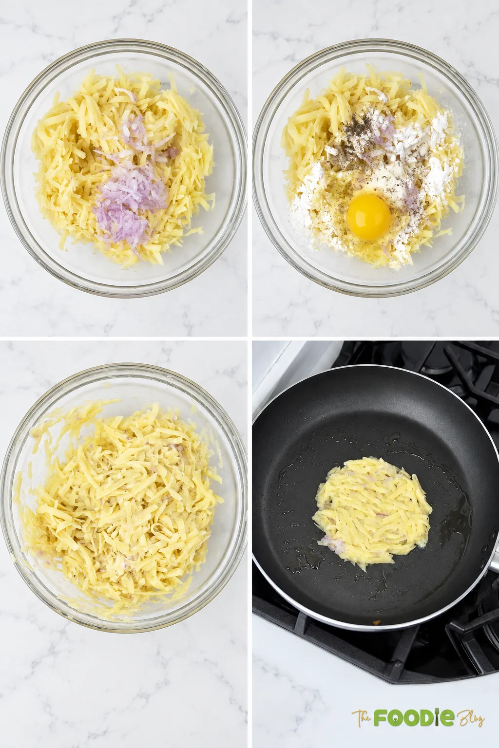 Step-by-step photos showing grated potatoes mixed with onion, egg, and flour before pan-frying into potato pancakes.