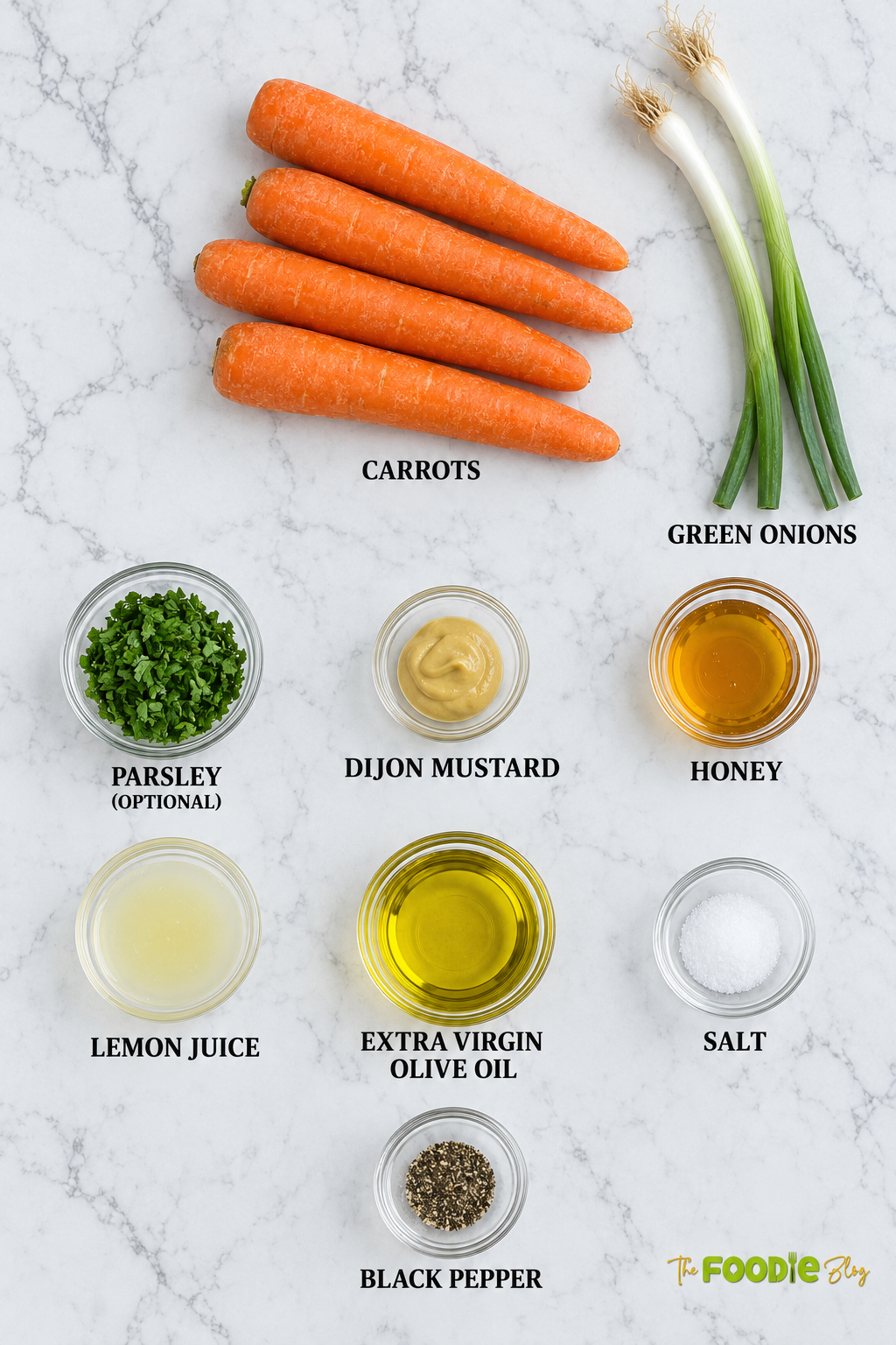 Ingredients for grated carrot salad including carrots, green onions, parsley, Dijon mustard, honey, lemon juice, olive oil, salt, and black pepper.