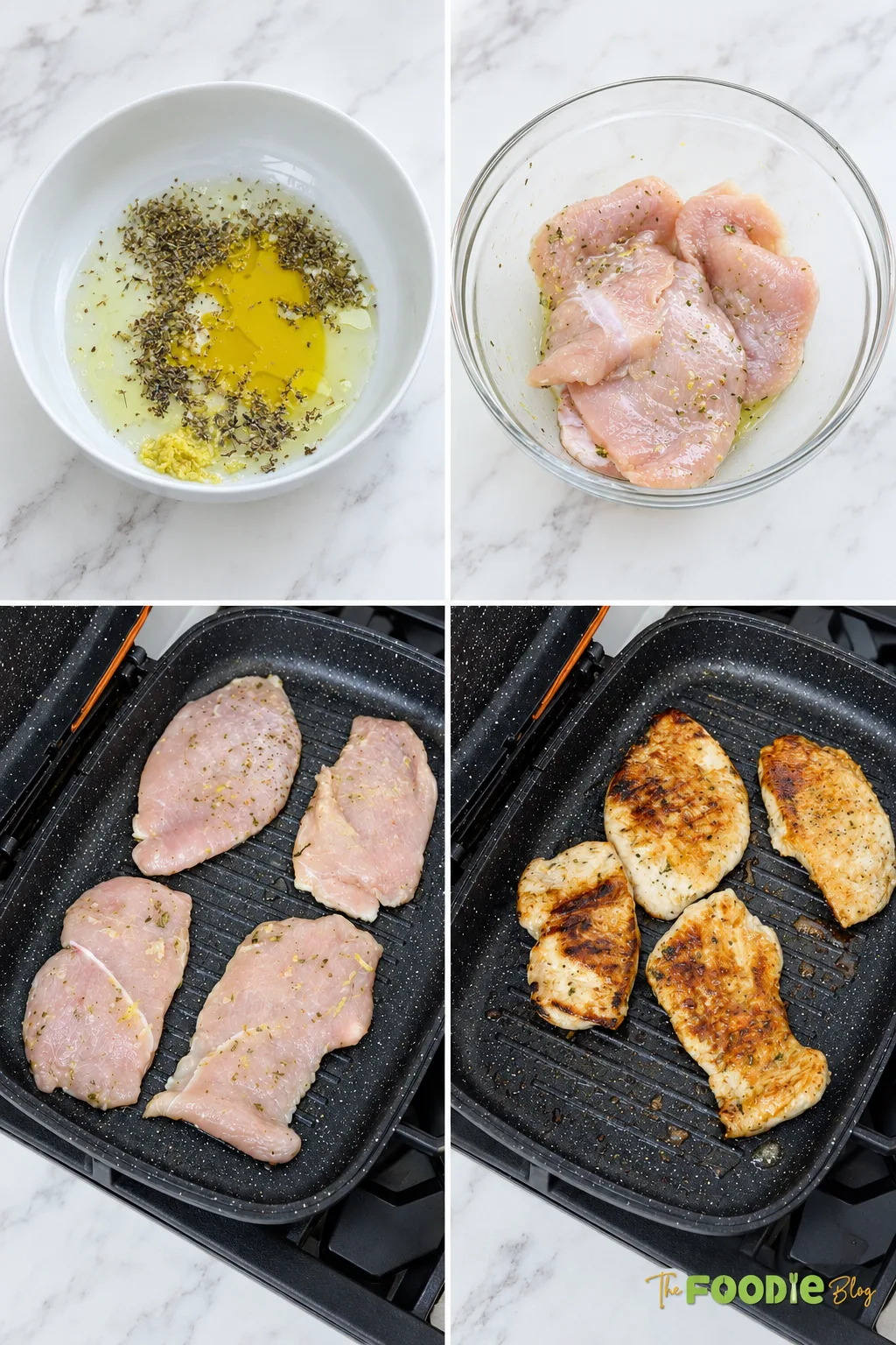 Step-by-step photos showing Greek chicken marinade, marinated chicken breasts, and chicken cooking in a grill pan.
