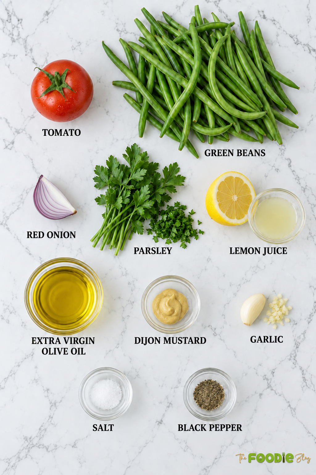 Ingredients for green bean and tomato salad including green beans, tomato, red onion, parsley, lemon juice, olive oil, Dijon mustard, garlic, salt, and black pepper.