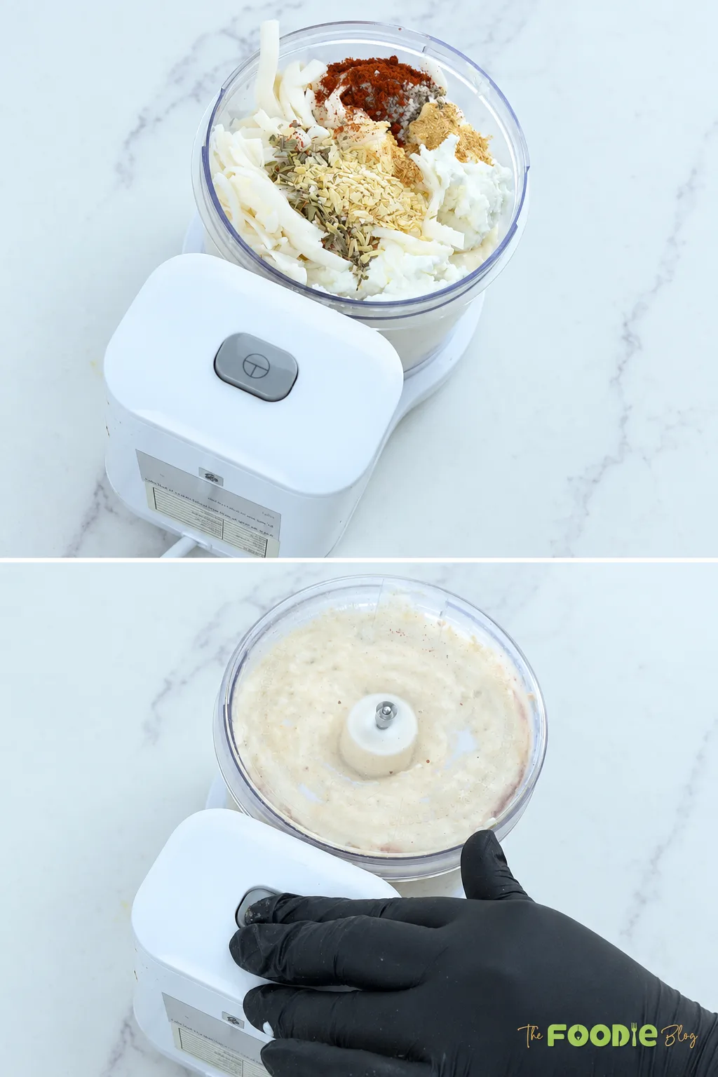 Step-by-step photos showing green olive dip ingredients blended in a food processor until creamy.
