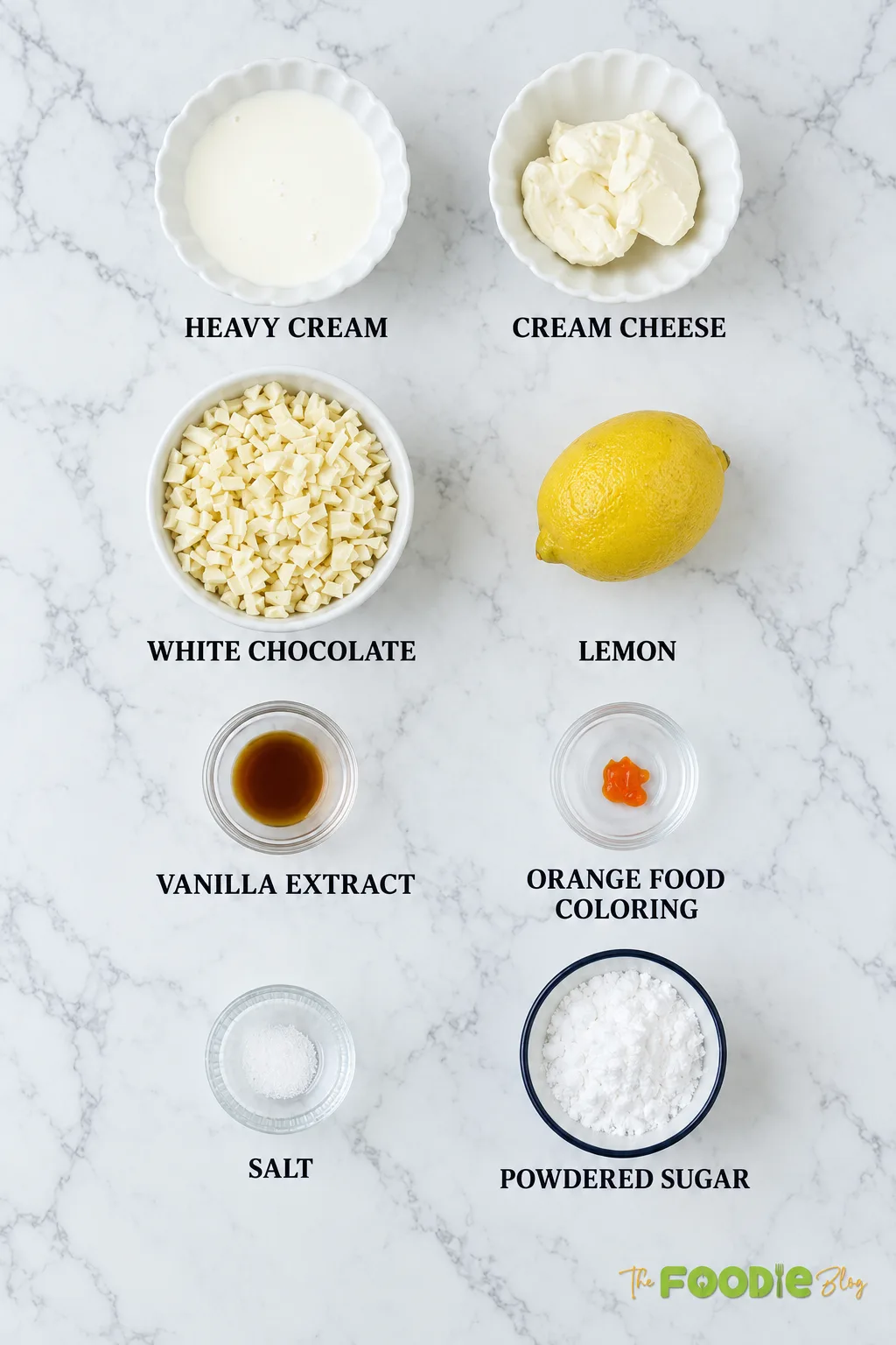 Ingredients for lemon truffles with white chocolate, cream cheese, heavy cream, lemon, and powdered sugar