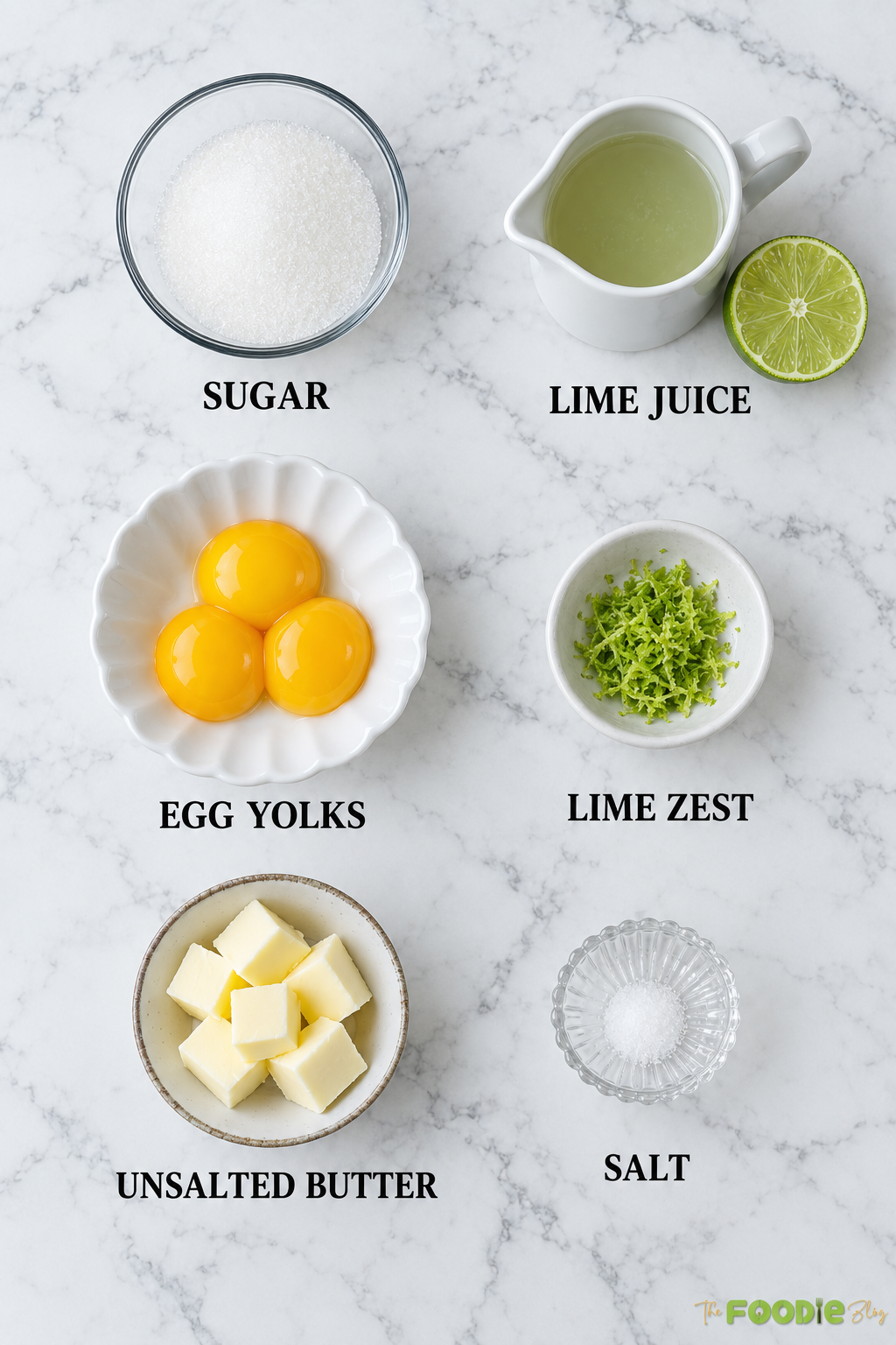 Ingredients for homemade lime curd including sugar, lime juice, egg yolks, lime zest, butter, and salt.